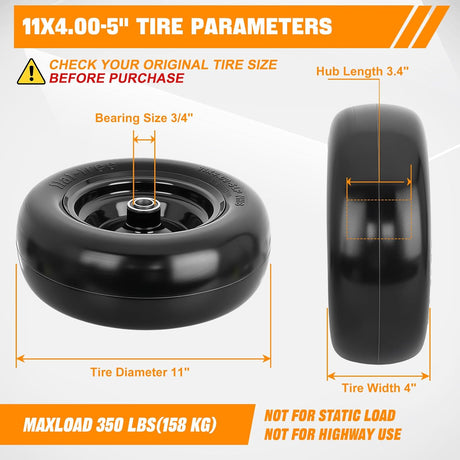 11x4.00-5 Solid Lawn Mower Tires, 11 Inch Flat-Free Polyurethane Tire with 3/4 Inch Axle Bore & 3.4 Inch Hub Length, Airless Replacement Wheels for Lawn Mowers, 2 Pack