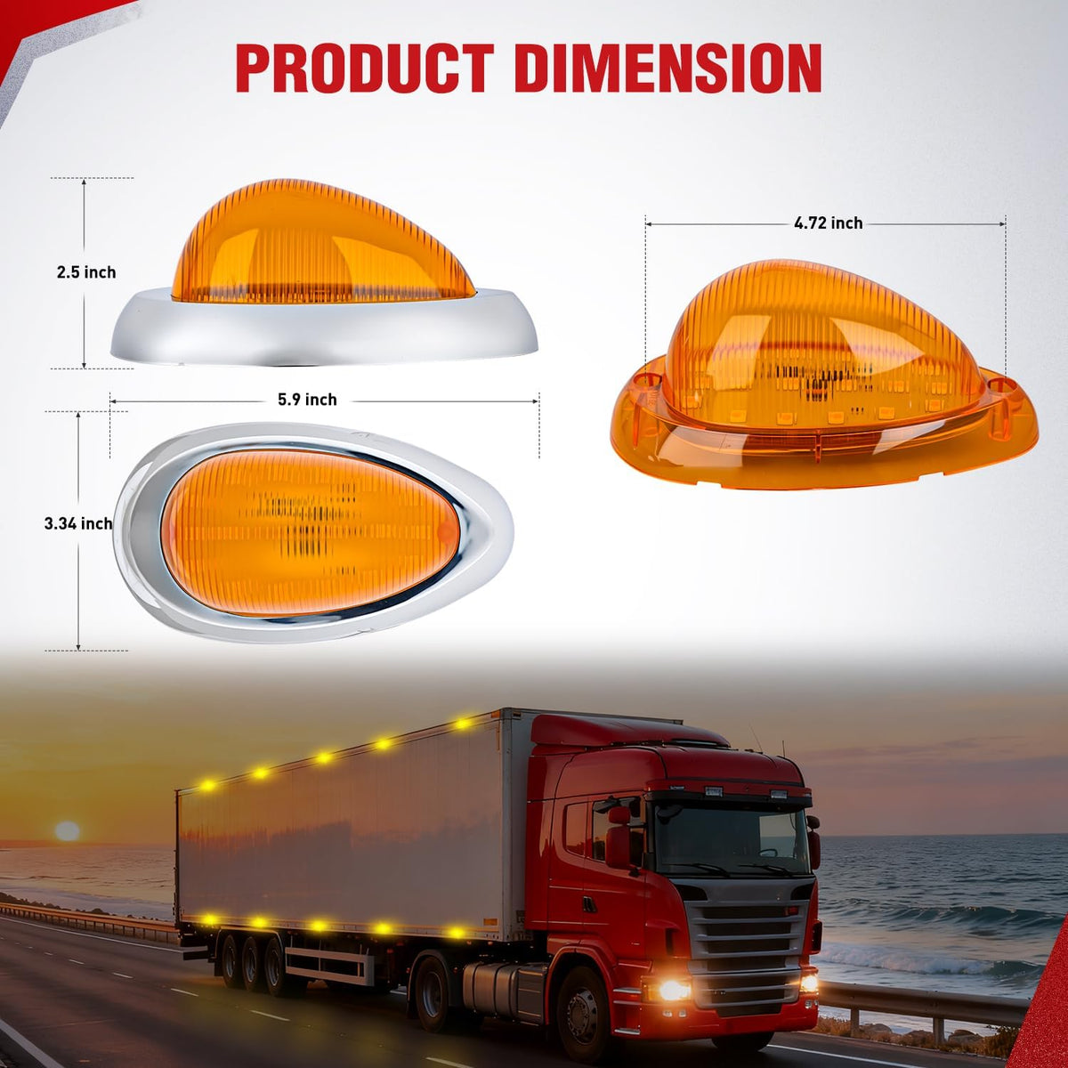 6 Inch Amber Teardrop Side Marker Light,18 LED Turn Signal | Amber Lens Chrome Bezel IP67 Waterproof Surface Mount 2 Pack Fits Freightliner Century Columbia & Coronado Trucks Trailers