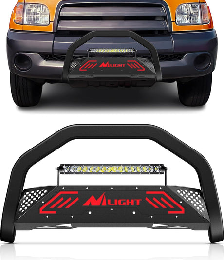 Bull Bar&License Plate Hole with LED Light Bar Compatible with Toyota Tundra 1999-2006 for Toyota Sequoia 2001-2007 Truck Brush Guard, Front Bumper Push Bar w/Grille Skid Plate Light Mount