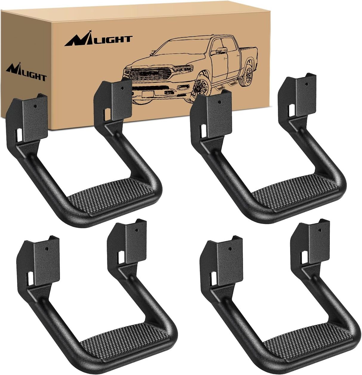 Universal Side Step Slip-Proof Aluminum Side Hoop Steps Nerf Bars Assembly Black 4 Pcs for Chevy (Chevrolet) Ford Toyota GMC Dodge RAM (Drilling Required)