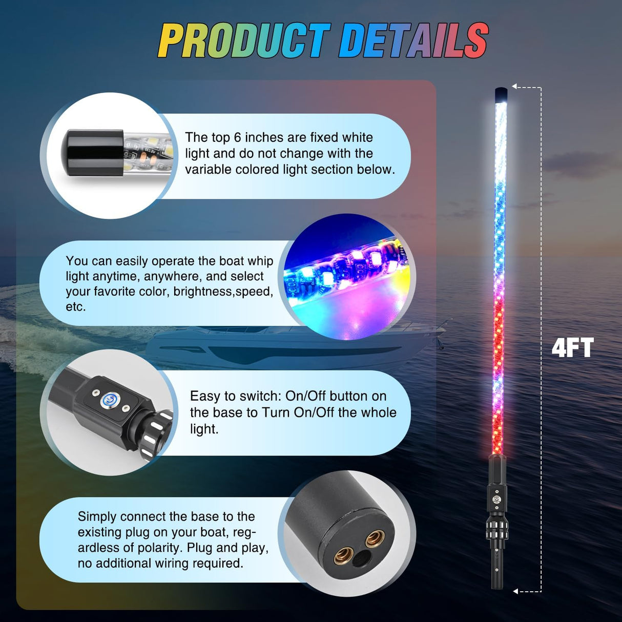 Boat Navigation Light 4FT Spiral LED Whip Lights 360° Visibility 2NM Coast Guard Compliant 400+ Patterns with Remote Plug-in Base Boats Stern Navlight for Night Fishing, Yacht, Pontoon