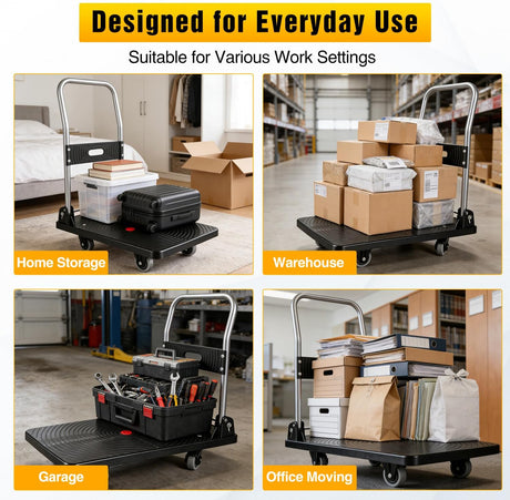 Foldable Platform Cart 220 lbs Push Dolly with 3 Inch PU Wheels PP Deck Flatbed Cart for Home Garage Office Use Black