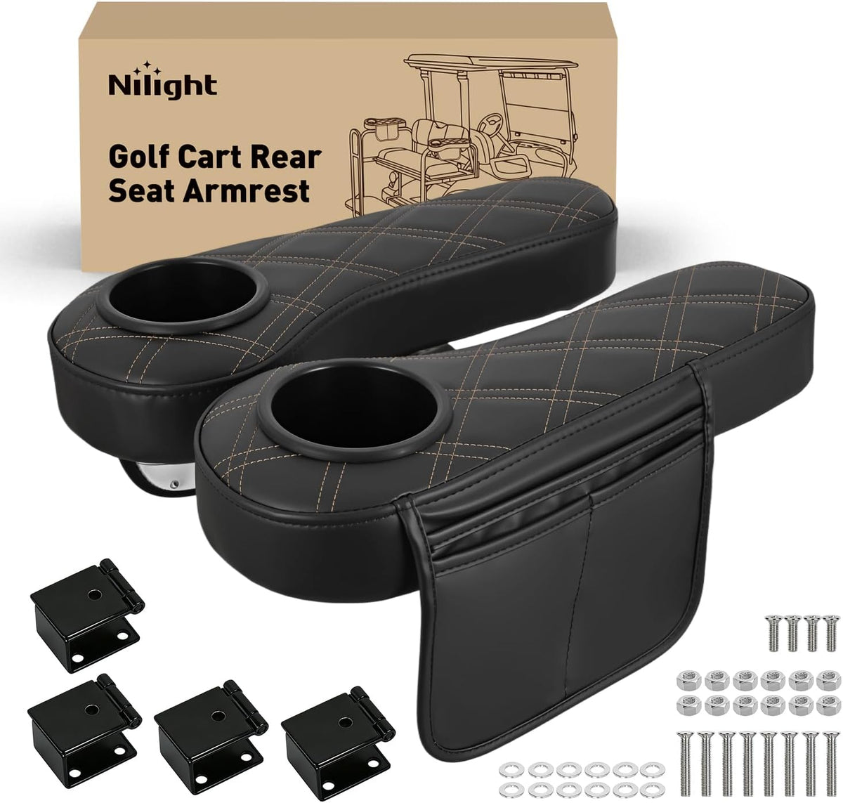 Golf Cart Armrests 2PCS Black Diamond Flip Stand Storage | No Drilling Cup Holder Detachable PU Leather Armrest Fits 1 Inch Square Tubes for EZGO Club Car Yamaha Rear Seat