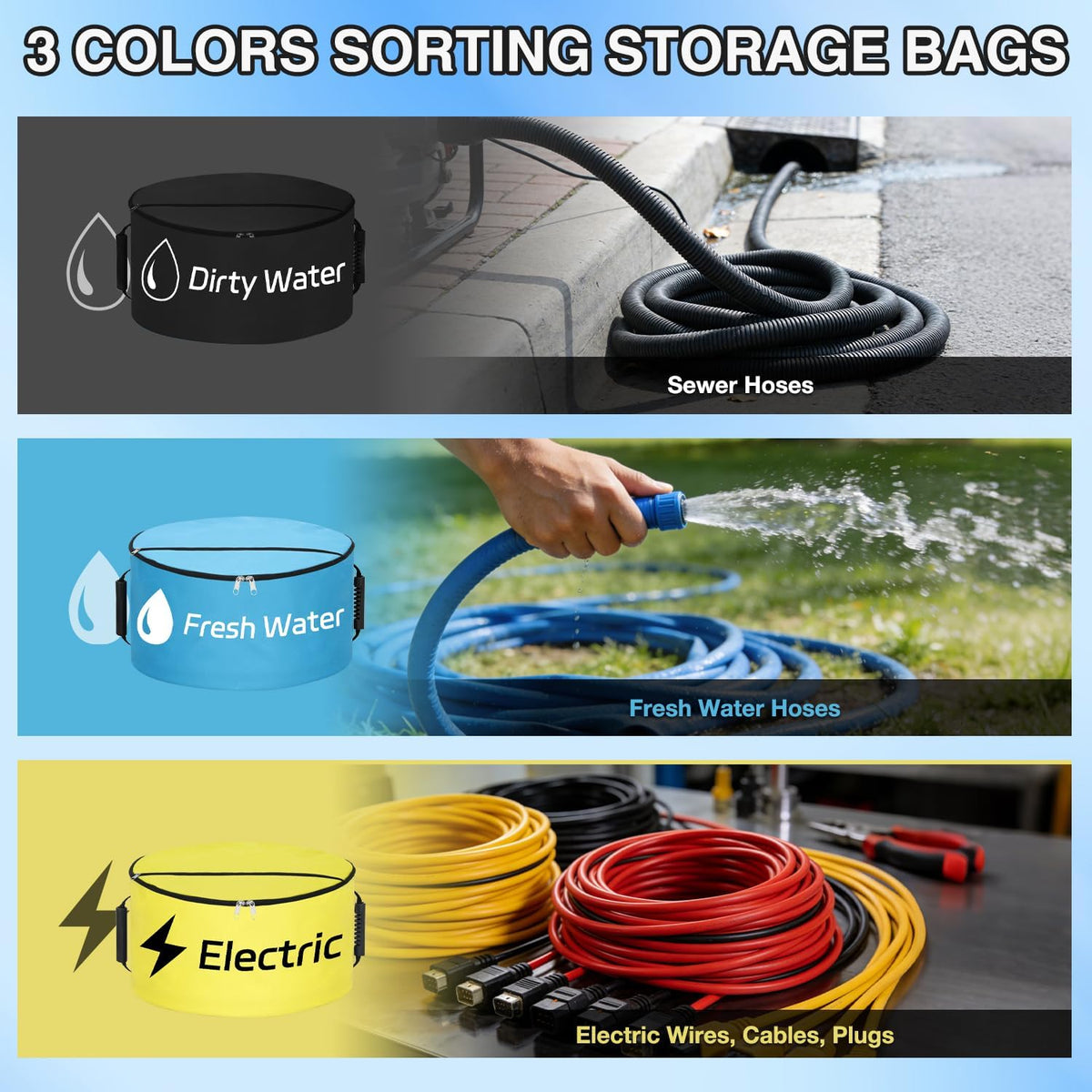 RV Hose Storage Bag 3 Pack Waterproof RV Sewer Hose Organizer Bags with Dual Zipper Closure, Handle & Straps RV Storage and Organization for Sewer, Fresh Water Hoses Camper Tools Accessories