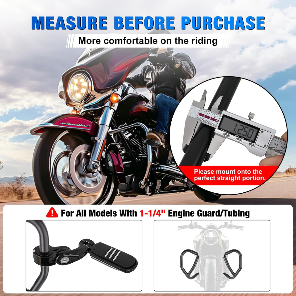 1-1/4 Inch Motorcycle Highway Pegs For Harley Davidson Touring Road King Street Glide Sportster Adjustable Short Angled Foot Pegs Universal For 1.25 Inch Engine Guard Crash Bars Highway Footpegs Black