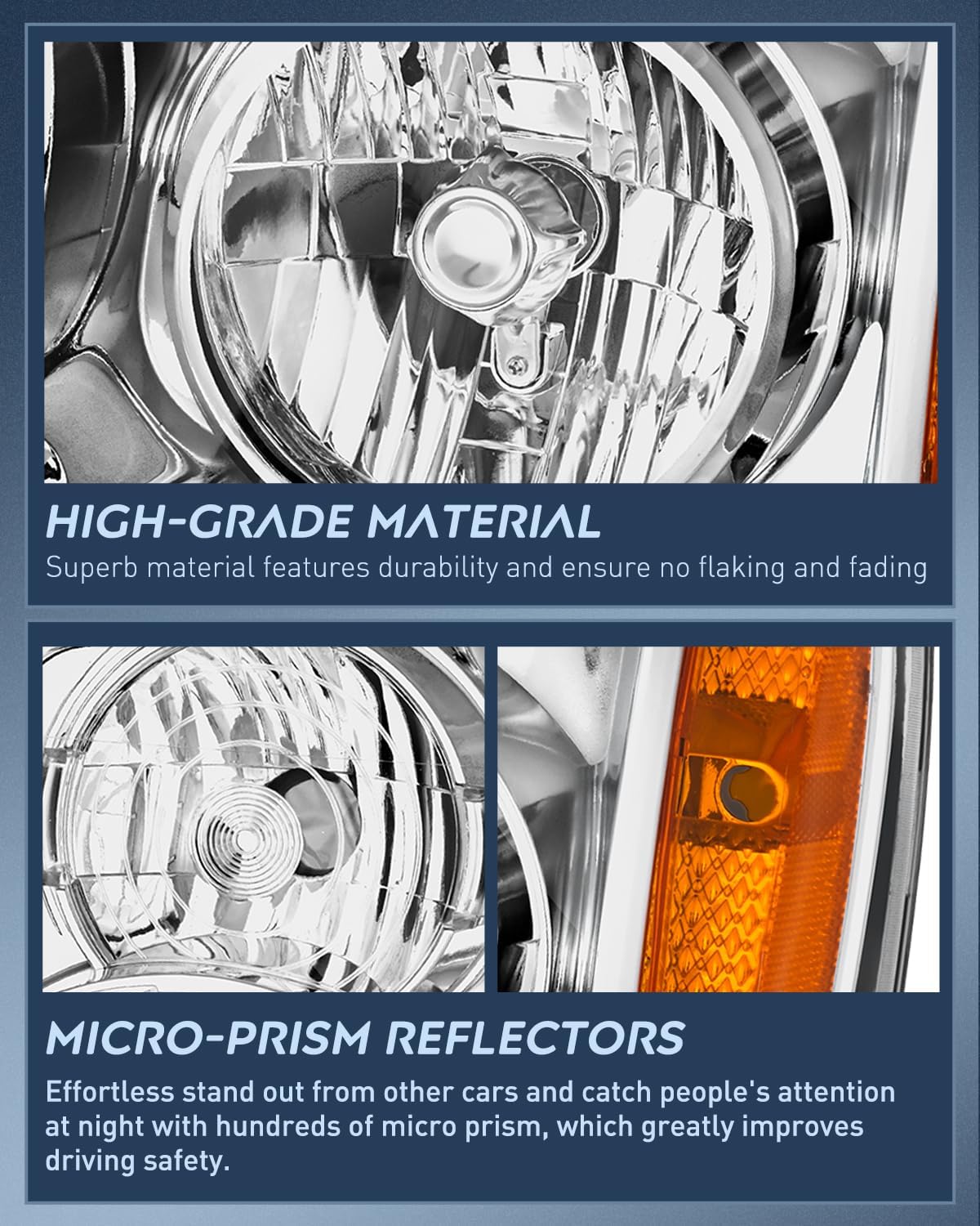 Headlight Assembly Compatible with 2007 2008 2009 2010 2011 2012 2013 2014 GMC Yukon Halogen Type Factory OE Style Replacement Chrome Housing Amber Reflector Passenger and Driver Side