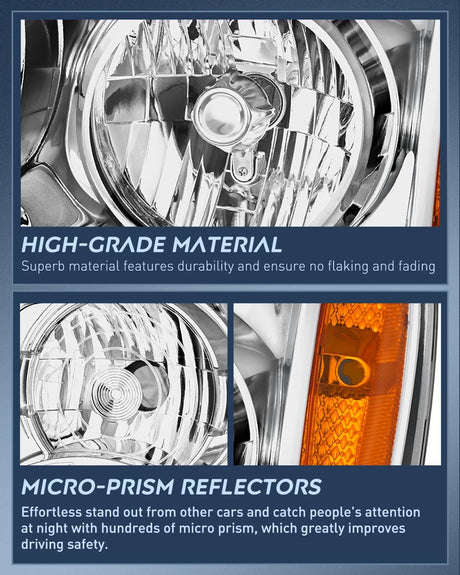 Headlight Assembly Compatible with 2007 2008 2009 2010 2011 2012 2013 2014 GMC Yukon Halogen Type Factory OE Style Replacement Chrome Housing Amber Reflector Passenger and Driver Side