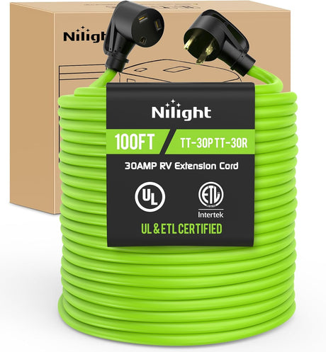 100FT 30 Amp RV Extension Cord 125V Heavy Duty 10/3 Gauge Pure Copper STW Wire UL ETL Listed 3 Prong TT-30P TT-30R Weatherproof Suit for Camper Caravan Trailer Bright Green