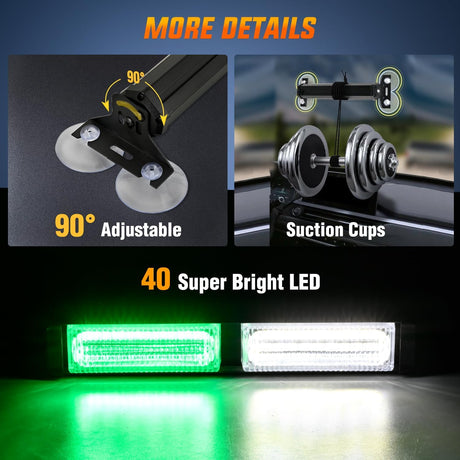 40LED Green White Emergency Strobe Traffic Advisor Light Bar with Suction Cups Dash Safety Warning Hazard Flashing Lights Interior Front/Rear Windshield for Trucks Construction Vehicles