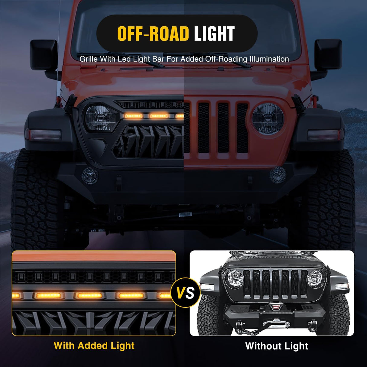 Front Grille Cover for 2018 2019 2020 2021 2022 2023 2024 2025 Wrangler JL and Gladiator JT with LED Amber Lights Matte Black