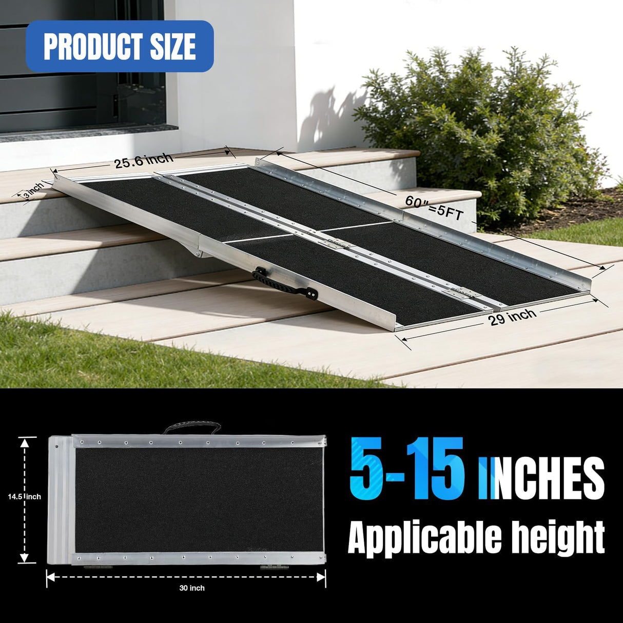 5 Feet Portable Wheelchair Ramp with Quick-Lock Non-Skid Aluminum | Handicap Ramps with Handle Folding Threshold Ramp for Home Steps, Stairs, Doorways, Scooter, Porch, Cart 800LBS Capacity