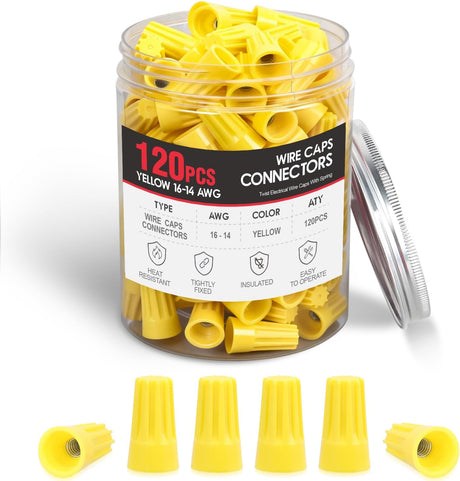 120PCS Yellow Wire Connectors Kit 16-14 AWG Electric Wire Caps Insulating Insert Twist Electrical Wire Terminal with Spring for Connect Electrical Wiring Automotive Car Truck Boats Marine
