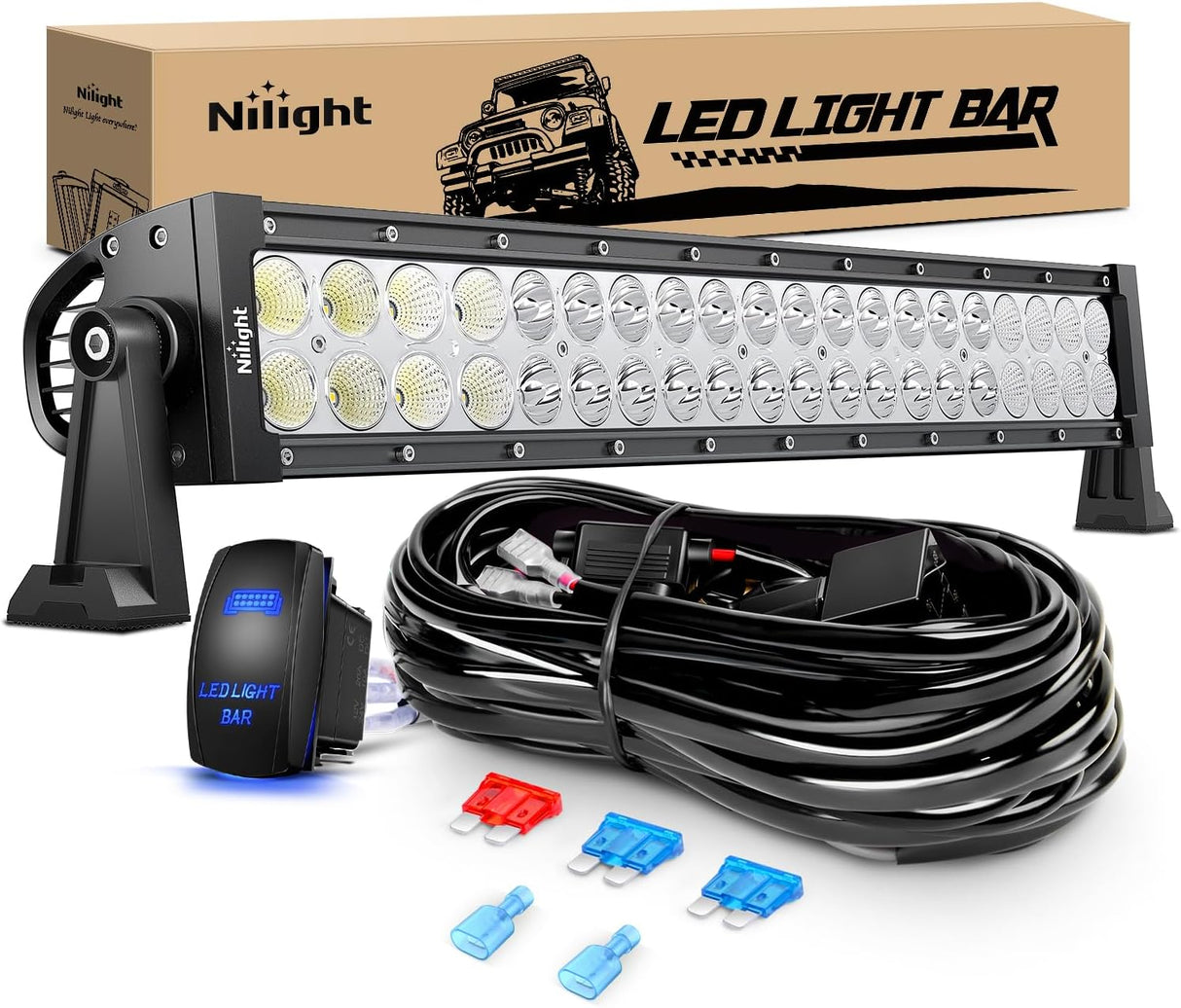 22Inch 120W Spot Flood Combo Led Light Bar Off Road Driving Lights Boat Lights Fog Light 12V On/Off 5 Pin Rocker Switch Power 16AWG Wiring Harness Kit-1 Lead for Trucks