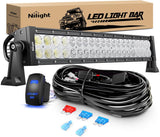22Inch 120W Spot Flood Combo Led Light Bar Off Road Driving Lights Boat Lights Fog Light 12V On/Off 5 Pin Rocker Switch Power 16AWG Wiring Harness Kit-1 Lead for Trucks