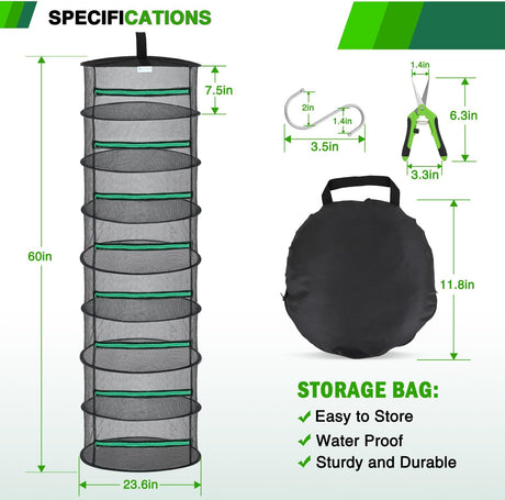 8 Layer Herb Drying Rack Hanging Mesh Net Foldable Plant Drying Racks 24 Inch w Green Zipper Pruning Shears Hook Dryer Hanging Rack for Herbs Seed Bud Fruit Clothes Grow Tent Closets Garden Outdoor