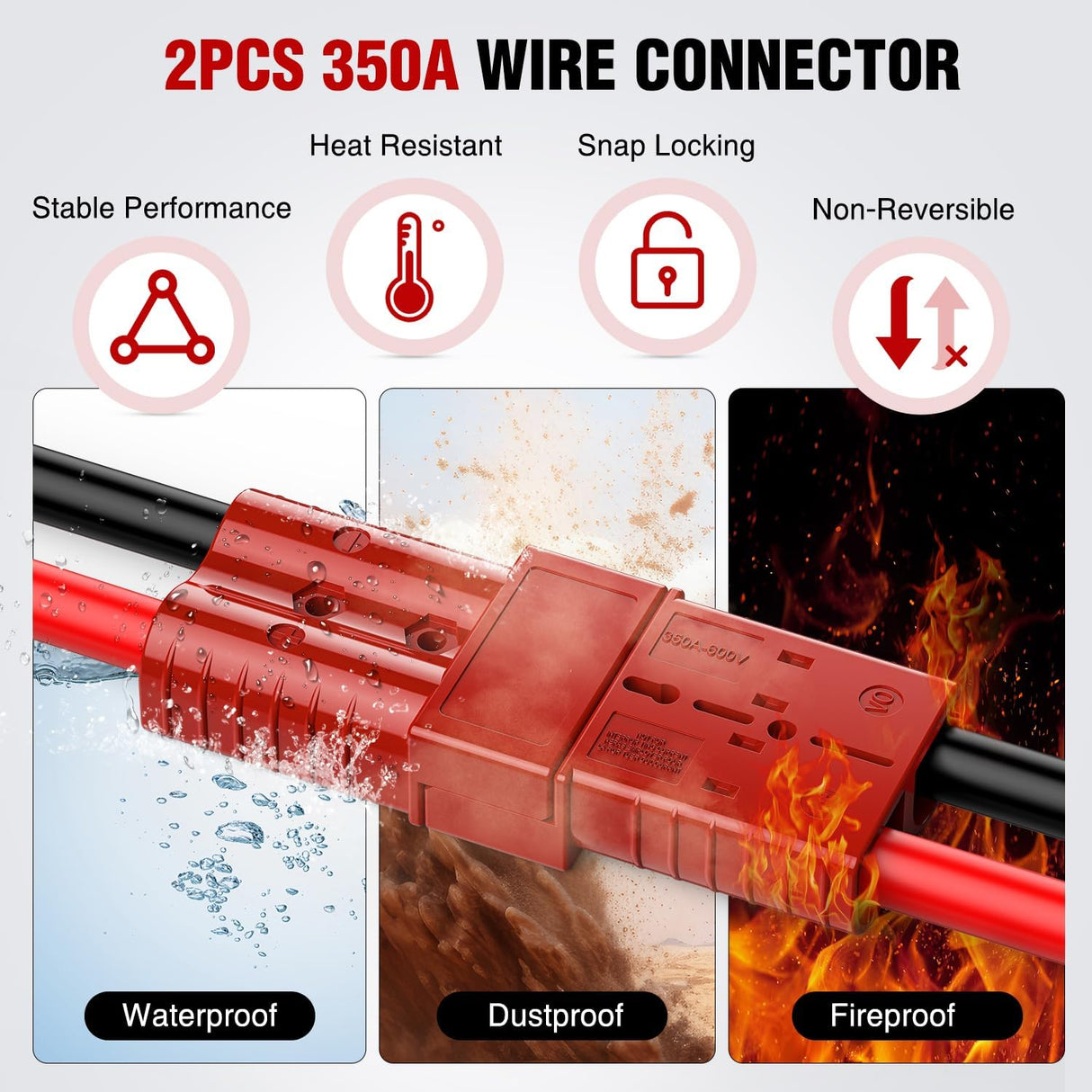 Anderson Connector 350AMP 2/0AWG Anderson Plug 12V-36V Battery Quick Connect/Disconnect Wire Harness Plugs Connectors Kit for 2/0 Gauge Cables Car ATV Trailer Towing Winch Motor, 2 Pack Red