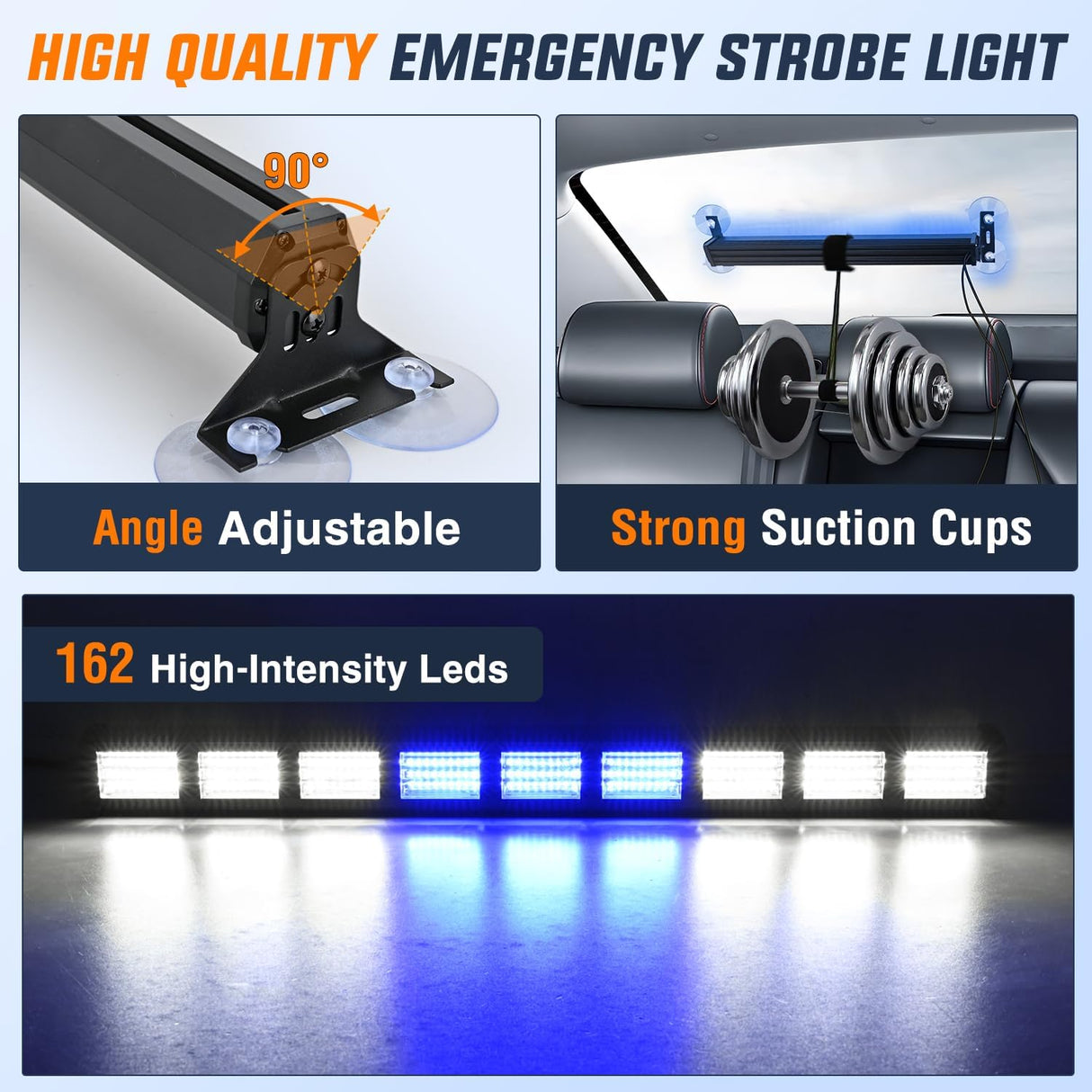 162 LED Traffic Advisor Strobe Light Bar 2-in-1 Blue White Emergency Warning Hazard Lights with Controller 4 Switchable Color 36 Flash Pattern for Trucks Cars Tow Plow Construction Vehicles