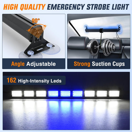 162 LED Traffic Advisor Strobe Light Bar 2-in-1 Blue White Emergency Warning Hazard Lights with Controller 4 Switchable Color 36 Flash Pattern for Trucks Cars Tow Plow Construction Vehicles