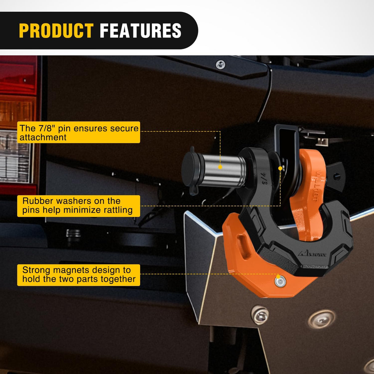 2 Pack 3/4 Inch D-Ring Separate Shackle with 7/8 Inch Lock Pin 45,000 lbs Break Strength, Off Road Recovery Shackle with Isolators Washers for Use with Tow Strap, Winch, Truck Vehicle (Black&Orange)