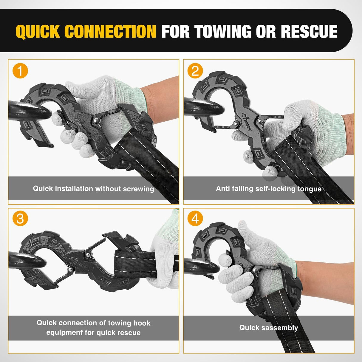 Quick Release S-Tow Shackle Hook – Heavy Duty Off-Road Recovery Hook, Fits Winch Rope & Recovery Strap, 11,000 LBS Working Load, for Jeep, SUV, ATV, Trailers, Forged Steel, Black