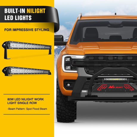 Bull Bar&License Plate Hole with LED Light Bar Compatible with Ford Ranger 2019 2020 2021 2022 2023 2024 2025 2026 Truck Brush Guard, Front Bumper Push Bar w/Grille Skid Plate Light Mount