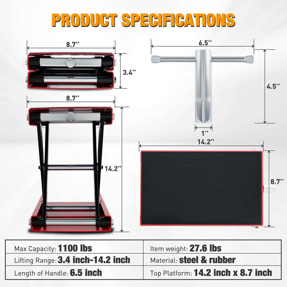 Motorcycle Lift Jack 1100 LBS Scissor Jack Stand Lift from 3.4 Inch to 14.2 Inch with Wide Deck Crank Handle Steel Scissor Hoist Garage Repair Lifter Table Jacks for Motorcycles ATV Dirt Bike, Red