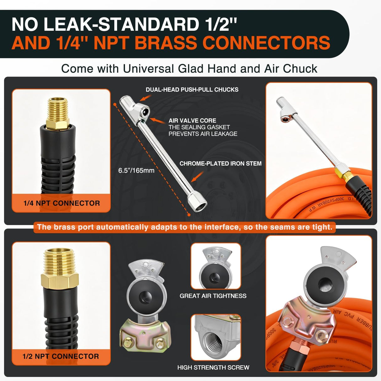 Heavy Duty Truck Tire Inflator Kit 3/8 in x 50 FT 300 PSI | Hybrid Air Hose with Universal Glad Hand and Air Chuck Lightweight Kink Resistant Semi Trailer Tractor Tire Inflation Hose