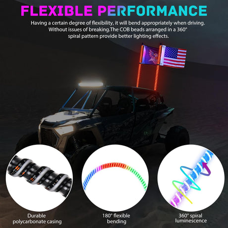 LED Whip Light 2 PCS 3FT COB RGB Lighted Antenna Whips with Spring Base Remote & App Control DIY Patterns Turn Brake Reverse Lights for Can-am Offroad ATV UTV RZR Polaris Dune Buggy Truck