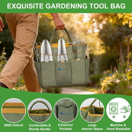 Gardening Tools 9-Piece Heavy Duty Garden Tool Set Gardening Supplies Gifts for Women Men Gardening Hand Tool Kit w Non-Slip Ergonomic Rubber Handle, Durable Garden Bag, Pruning Shears, Green