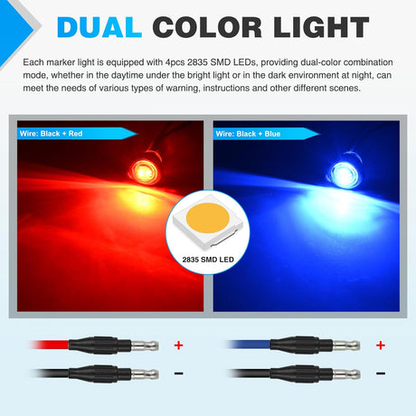3/4 Inch Dual Color Marker Light 10PCS Red to Blue Brake Auxiliary Side Marker Clearance Indicator Bullet Lights 3 Plug Connector IP68 Waterproof for Trailer Truck Pickup Camper RV ATV UTV Van Bus
