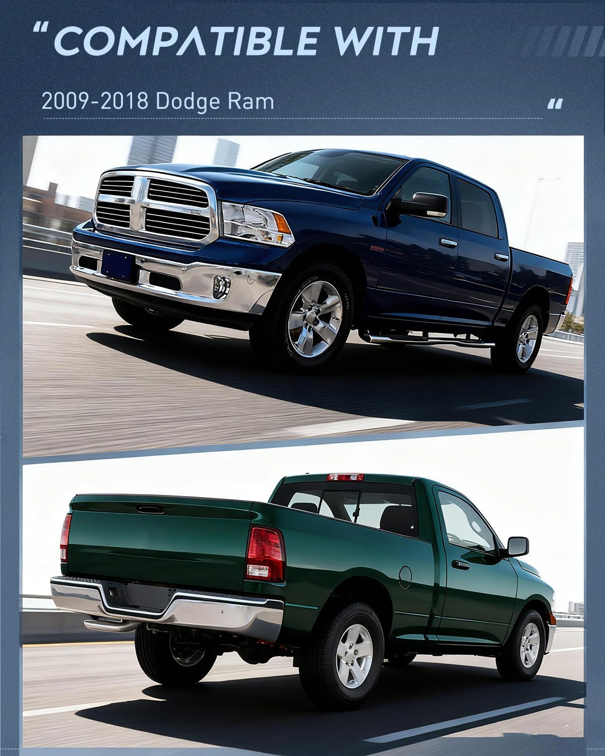 Headlight and Taillight Assembly Combo Compatible with 2009 2010 2011 2012 2013 2014 2015 2016 2017 2018 Dodge Ram for Quad Models Chrome Housing Amber Reflector with Red Housing Tail Light