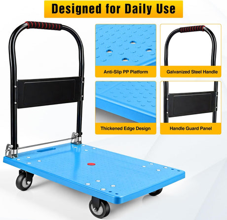 Platform Cart 880 lbs Heavy Duty Push Cart Dolly with 5 Inch TPR Wheels 36 x 24 Inch PP Deck Flatbed Cart Platform Truck for Home Garage Warehouse Use Black
