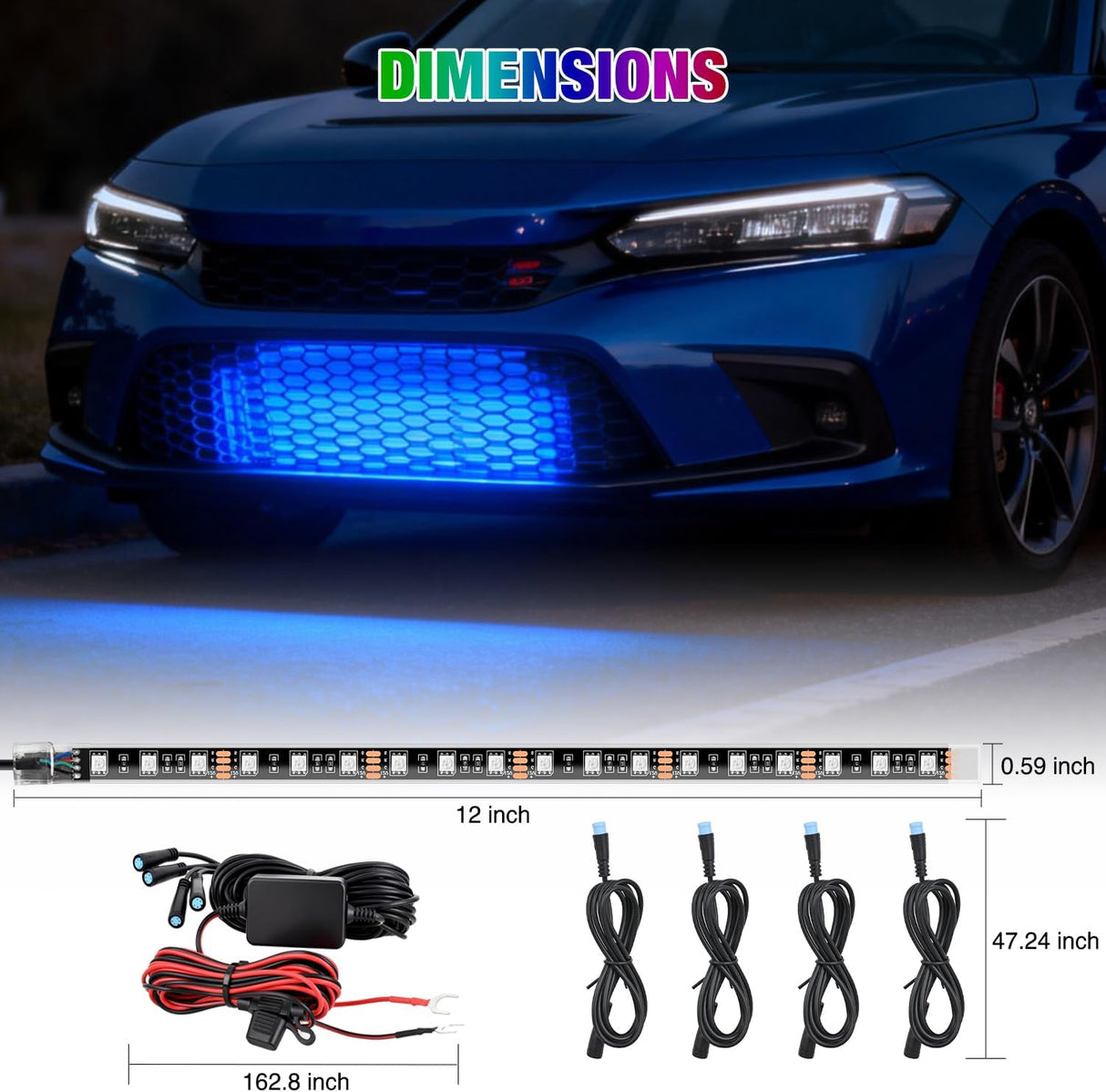 4PCS 12 Inch RGB LED Grille Light Strips with APP & Remote Control | 72 LEDs Multi Color Exterior Lighting Kit DIY Sound Active Function Music Mode for Cars Van SUV Truck