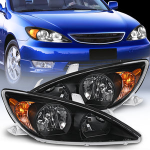 Headlight Assembly for 2002 2003 2004 Toyota Camry LE/XLE Headlamps Replacement Black Housing Amber Reflector Clear Lens Driver and Passenger Side