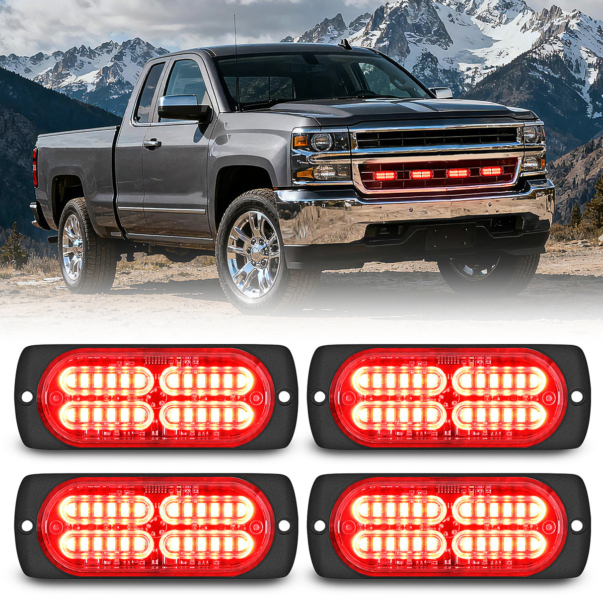 Led Strobe Light 4PCS 24LED Emergency Strobe lights 12V 24V Red Surface Mount Grille Hazard Safety Warning Light Sync Feature Side Flashing Marker Flash for Car Truck Campers