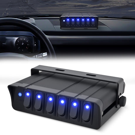 Rocker Switch 6 Gang Rocker Switch Box Waterproof SPST Toggle Panel Blue LED 12V 24V 20A 60Amp Max for Automotive Cars Vehicles Boats RVs Campers SUVs