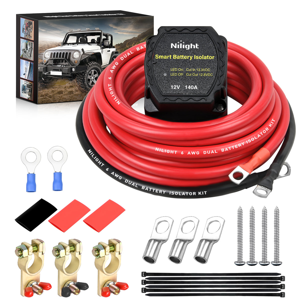 Nilight 12V 140AMP Dual Battery Isolator Kit with 6 AWG Power Cable Terminal Voltage Sensitive Relay Smart VSR Automatic Charger Disconnect for Truck Van RV ATV UTV Boat Can Am
