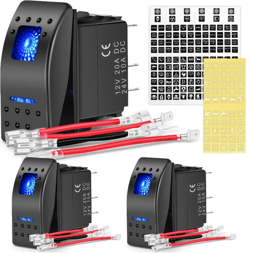 3Pcs 5Pin SPST On/Off Rocker Switch Blue - Nilight