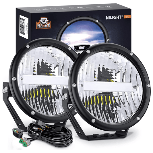 7" 120W 5800LM Round High Low Beam Built-in EMC LED Work Lights (Pair) | 14AWG DT Wire Nilight