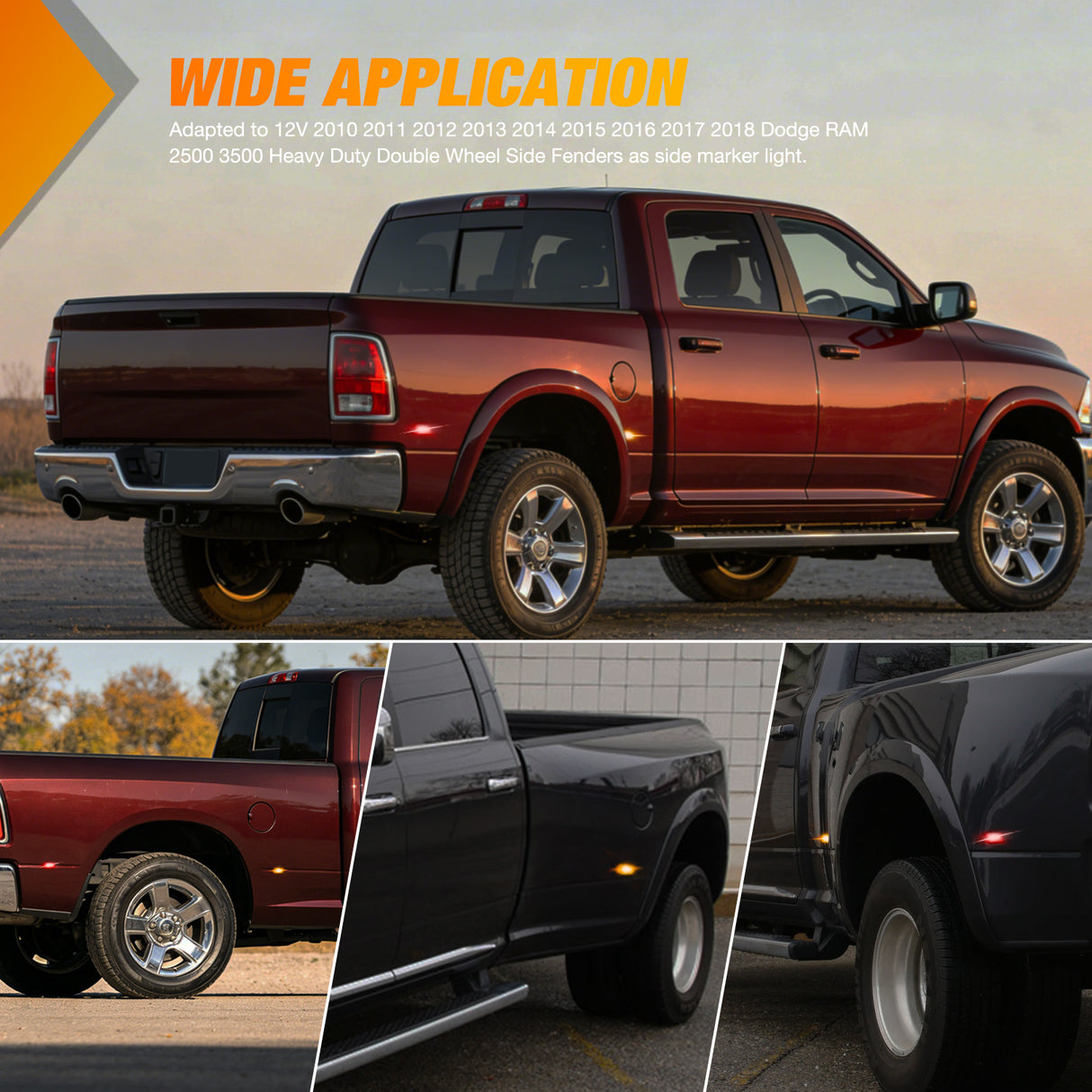 4 PCS 3 LED Red Amber Wheel Fender Side Marker Lights Smoked Lens Compatible With 2011-2016 F250 F350 F450 F550 Super Duty