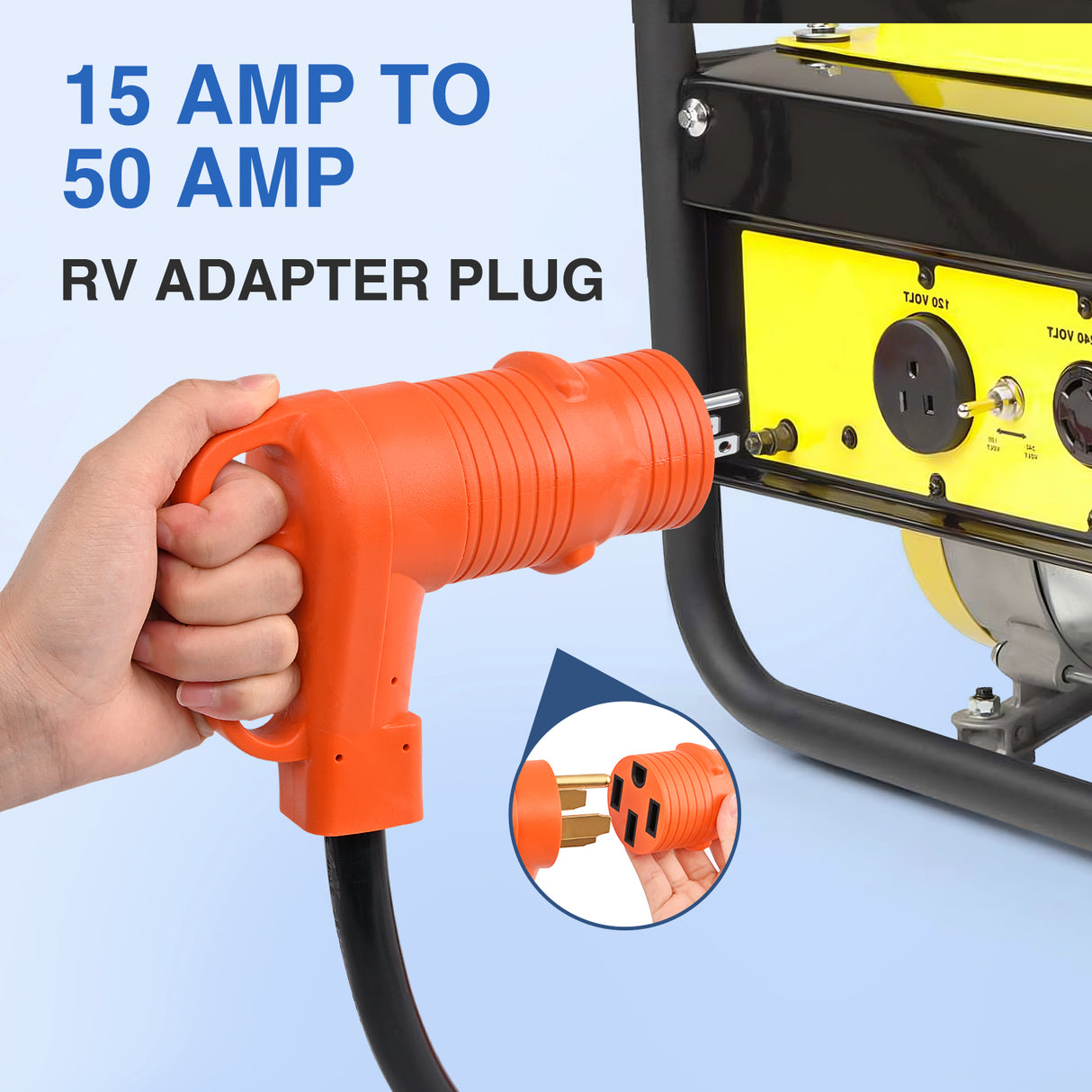 15Amp to 50Amp RV Power Adapter 125 Volt Heavy Duty RV Plug 5-15P to 14-50R 15A Male to 50A Female Receptacle for RV/EV Camper Caravan Trailer Generator