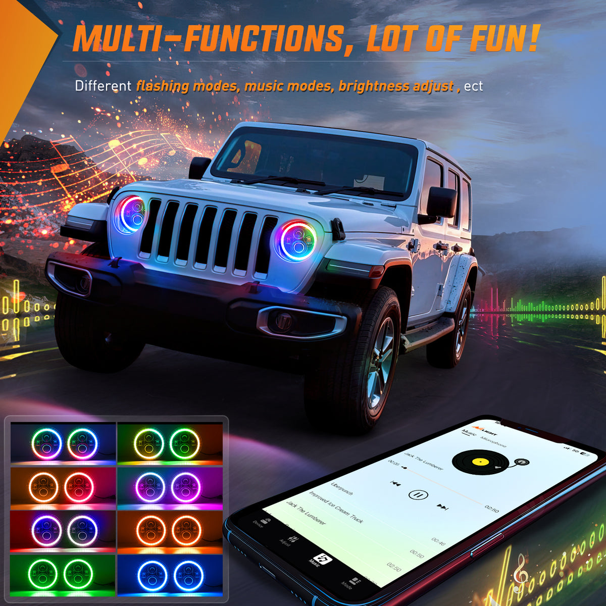 7-Inch RGB LED Headlights with Amber Turn Signal, Remote Control, High/Low Beam, Compatible with Jeep Wrangler JK JKU 2007–2015