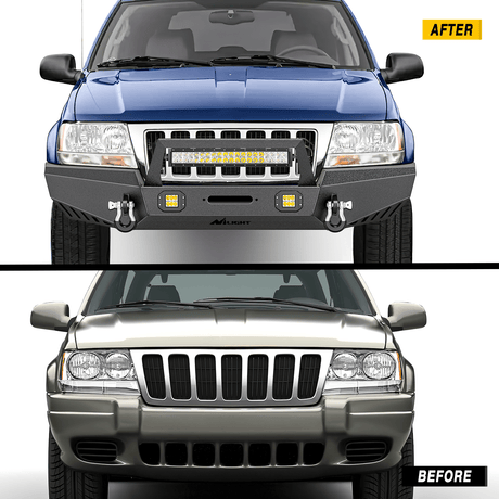 Front Bumper 1999 2000 2001 2002 2003 2004 Jeep Grand Cherokee WJ Front Bumper Winch Plate Offroad 120W Light Bar 18W Light Pods