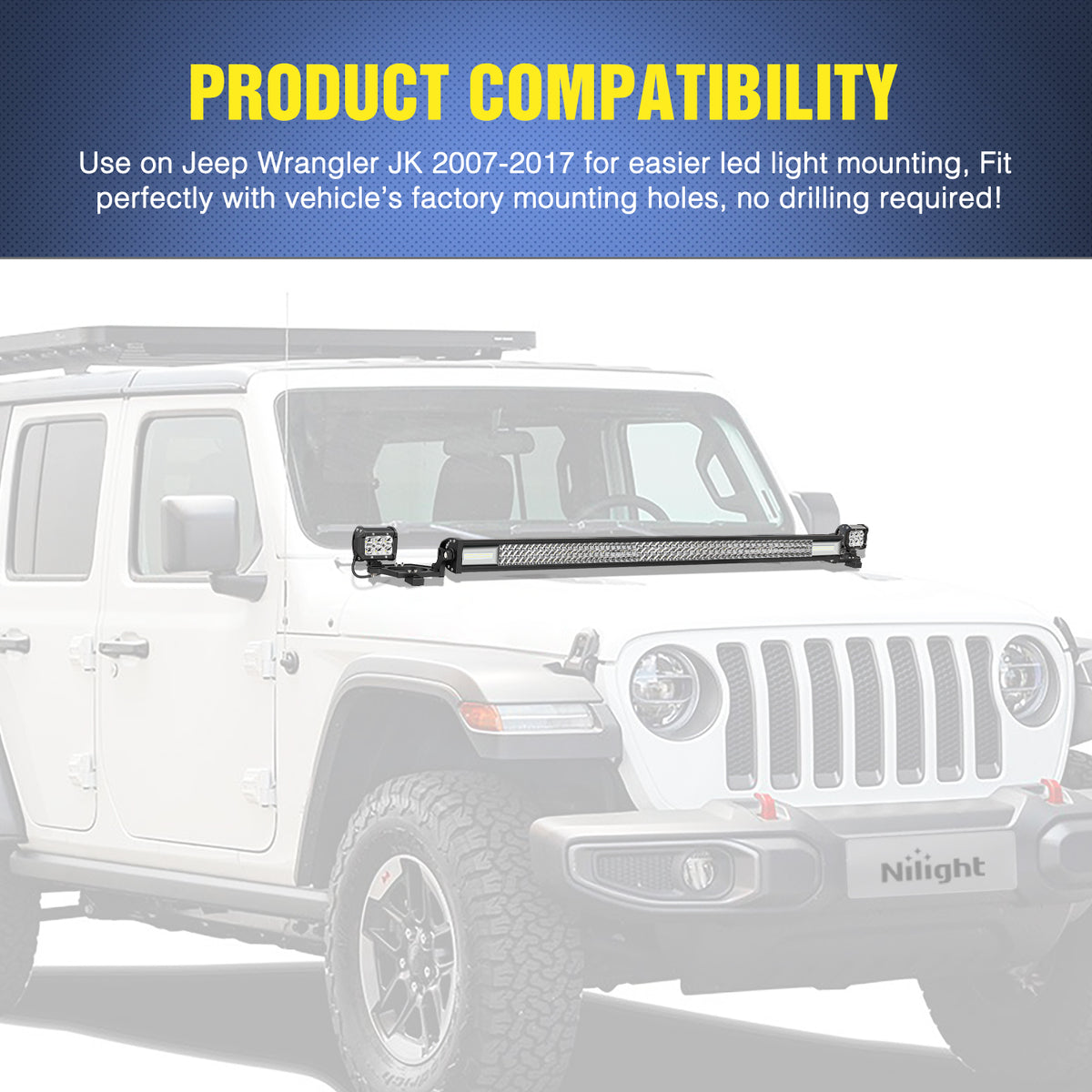 Hood Light Mounting Brackets Compatible with Jeep Wrangler JK 2007-2017, LED Light Bar Hood Mount Bracket, No Drilling Required, 2PCS