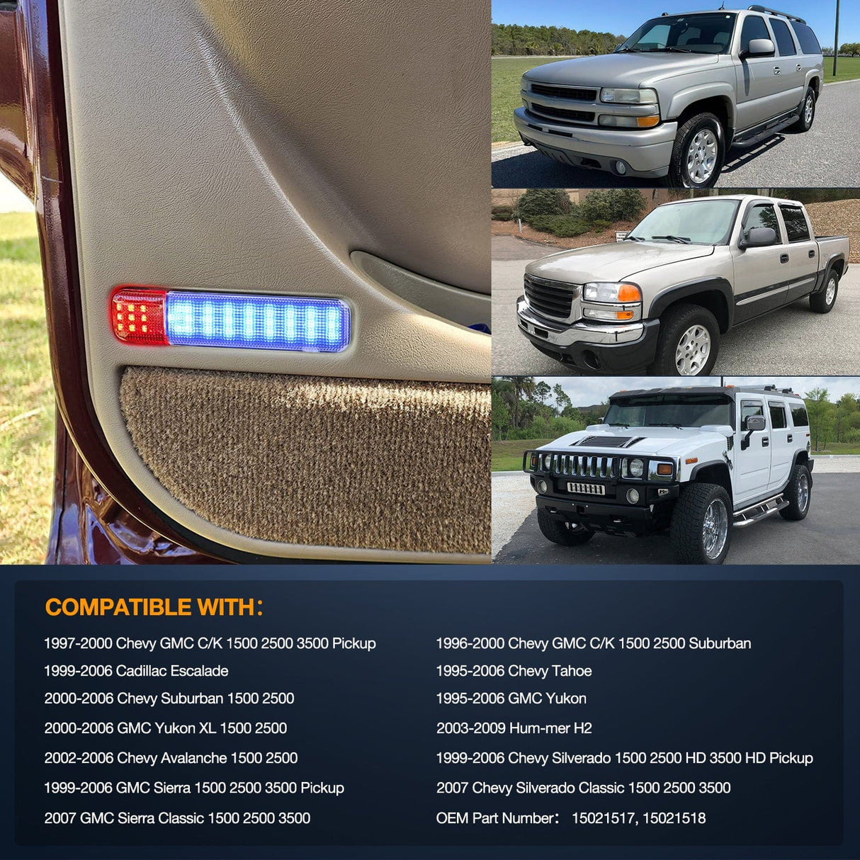 2PCS LED Interior Door Panel Light Courtesy Warning Lights Blue Red Plug and Play Compatible with Chevy GMC C/K Silverado Sierra 1500 2500 3500 HD Suburban Cadillac Escalade Hummer H2