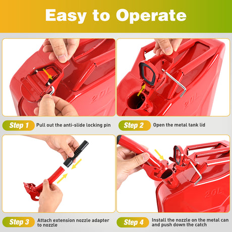 Gas Can Metal Gas Can 5 Gallon with Spout System and Handle, 20 Litre Metal Container for Gasoline Trucks Cars ATV Motorcycle Equipment, No Spill Steel Safety Gas Fuel Cans Red, 1 Pack