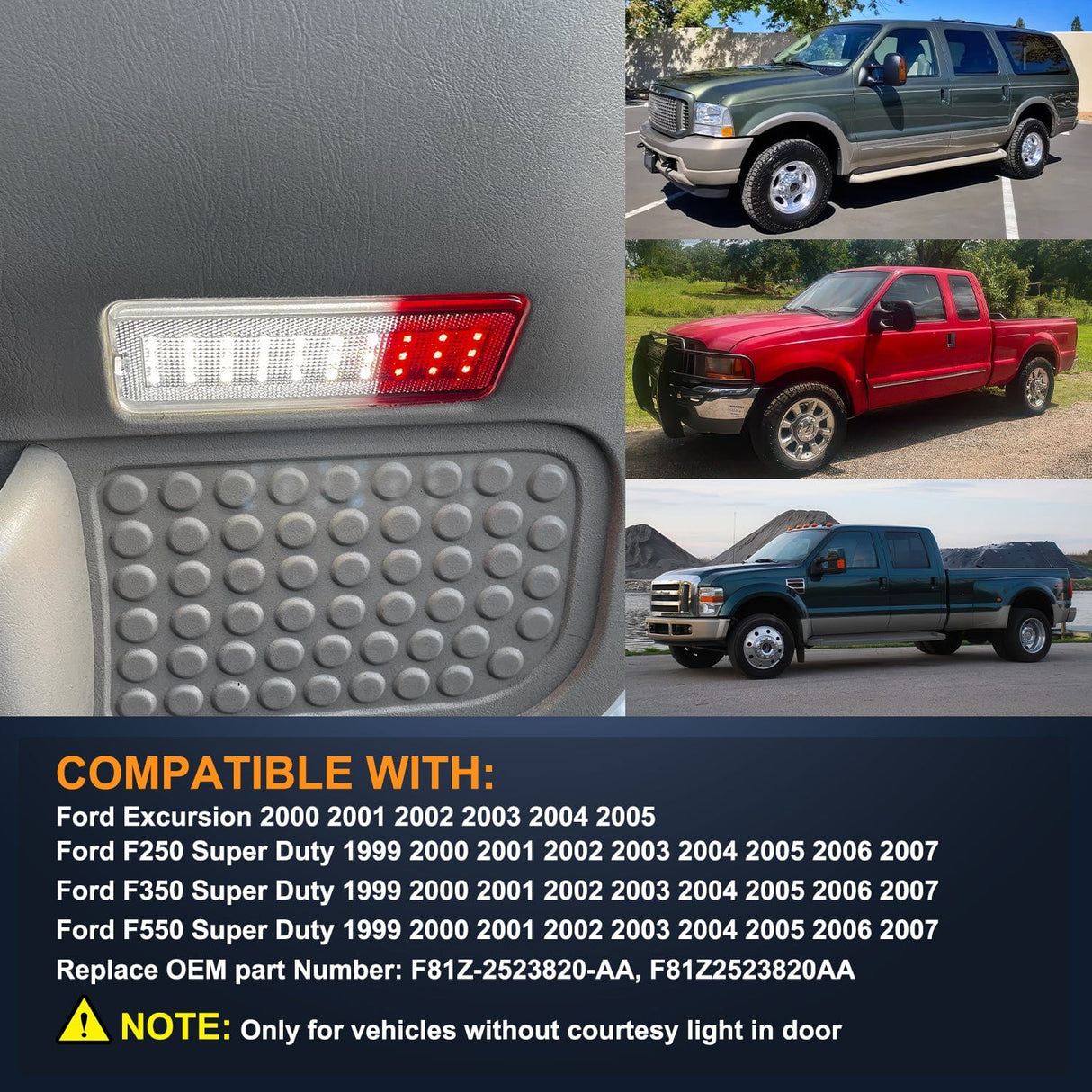 2PCS LED Interior Door Panel Light Courtesy Warning Lights White Red Plug and Play Compatible with Ford F250 F350 F450 F550 Super Duty 1999-2007 Excursion 2000-2005
