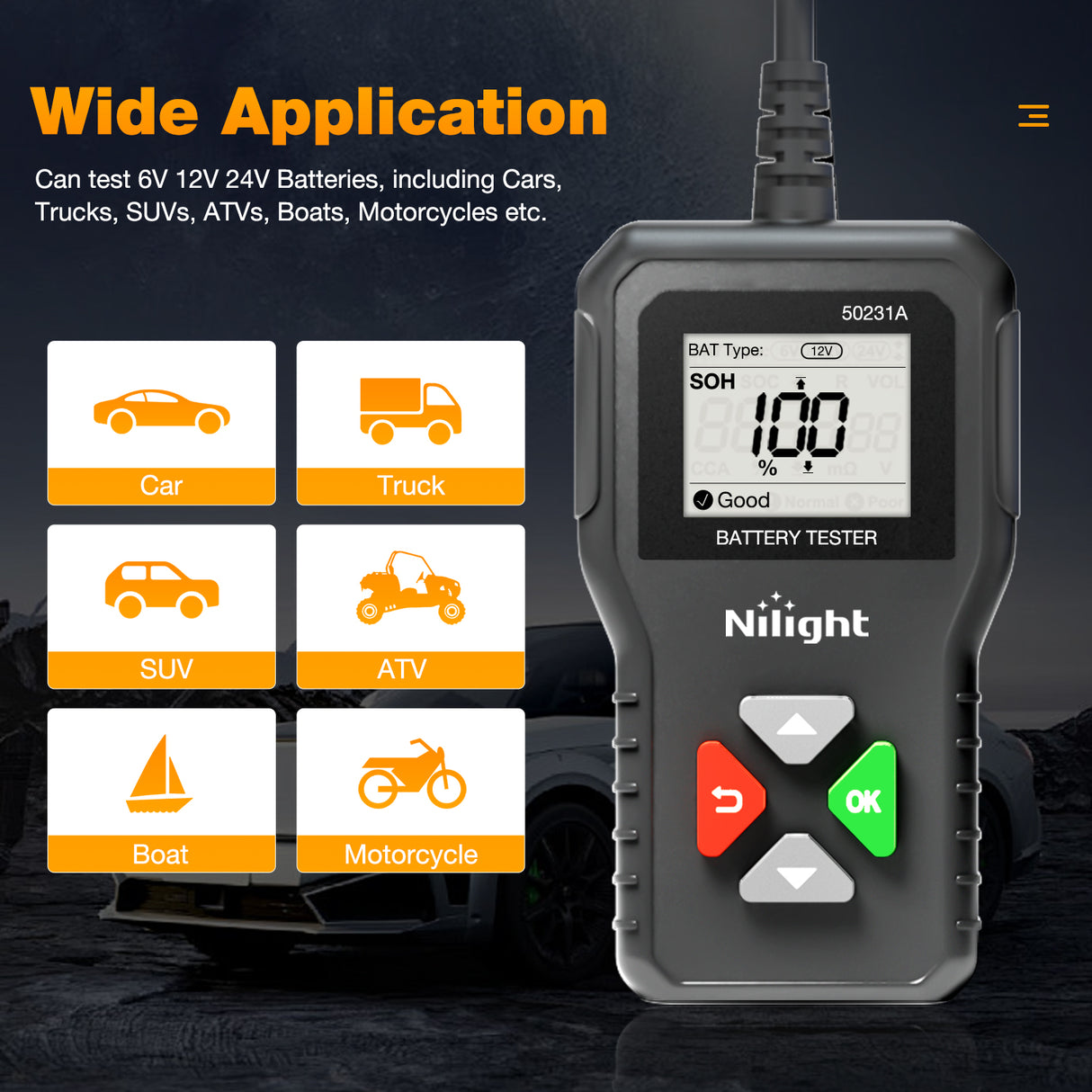 Nilight Car Battery Tester 6V 12V 24V Accurate Digital Auto Analyzer 100-2000 CCA Voltage SOH SOC Internal Resistance Test for Cars Trucks SUV ATV Boats Motorcycles Vehicle