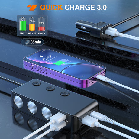 Nilight 9 in 1 Cigarette Lighter Adapter Splitter 3 Sockets PD 65W and QC3.0 18W Ports with Independent Switches LED Voltage Display for 12V 24V Cars SUV Van Truck Jeep Camper