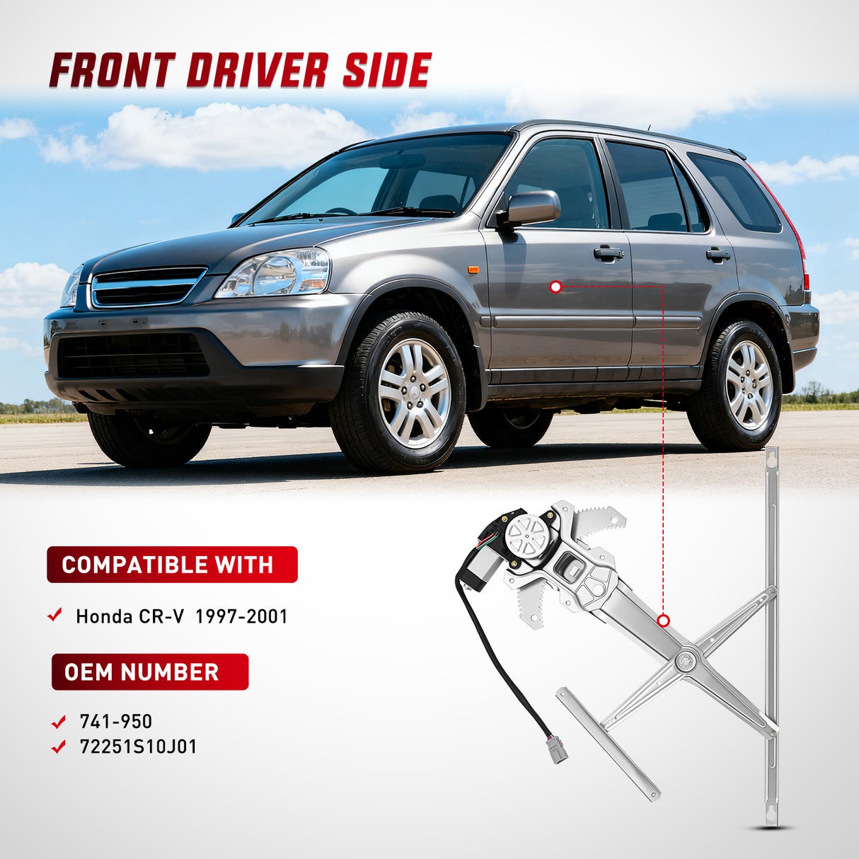 Window Regulator 741-950 Front Left Window Regulator with Motor, Compatible with 1997 1998 1999 2000 2001 Honda CR-V, Power Window Lift Motor Assembly, Driver Side, OE Replacement